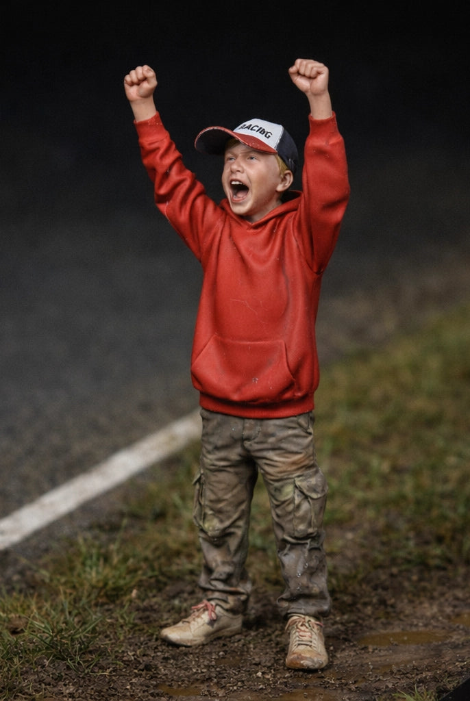 Excitable Young Racing Fan | Grey Resin Diorama Figurine