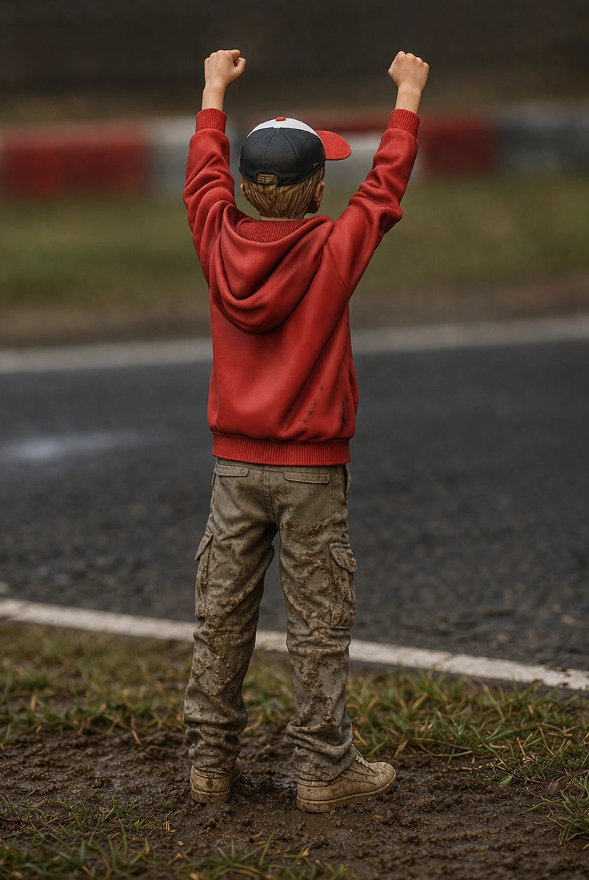 Excitable Young Racing Fan | Grey Resin Diorama Figurine