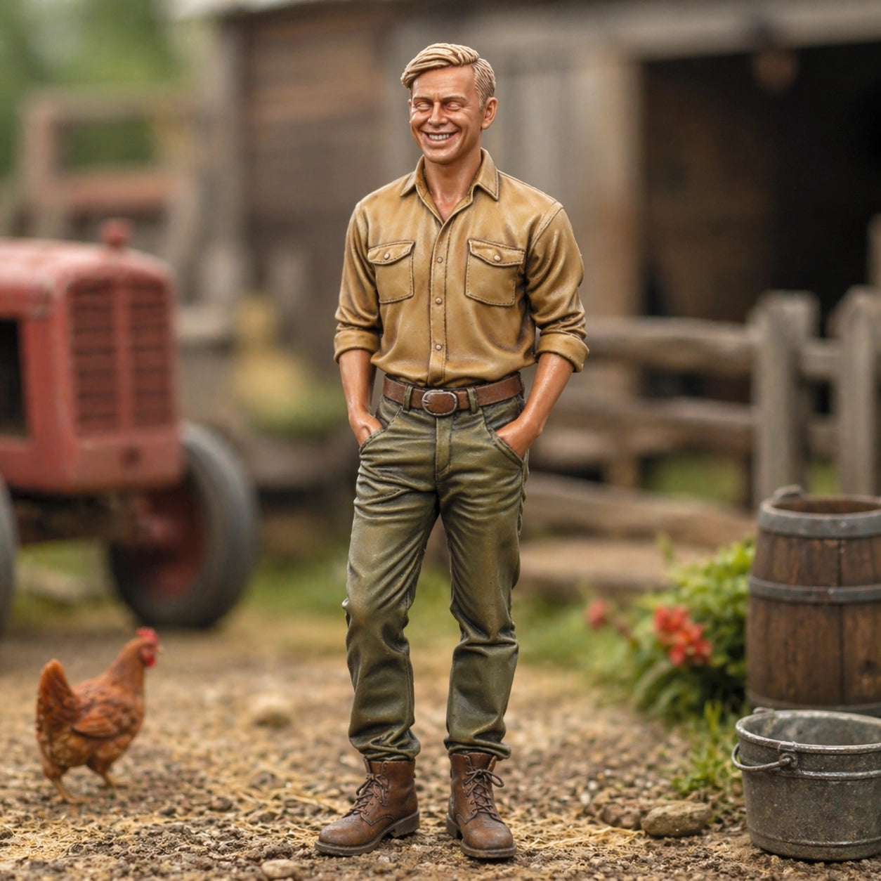 The Jovial Farmhand | Grey Resin Farm Diorama Figurine
