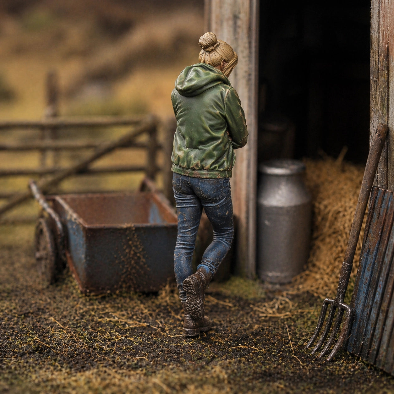 The Modern Farmhand | Grey Resin Farm Diorama Figurine