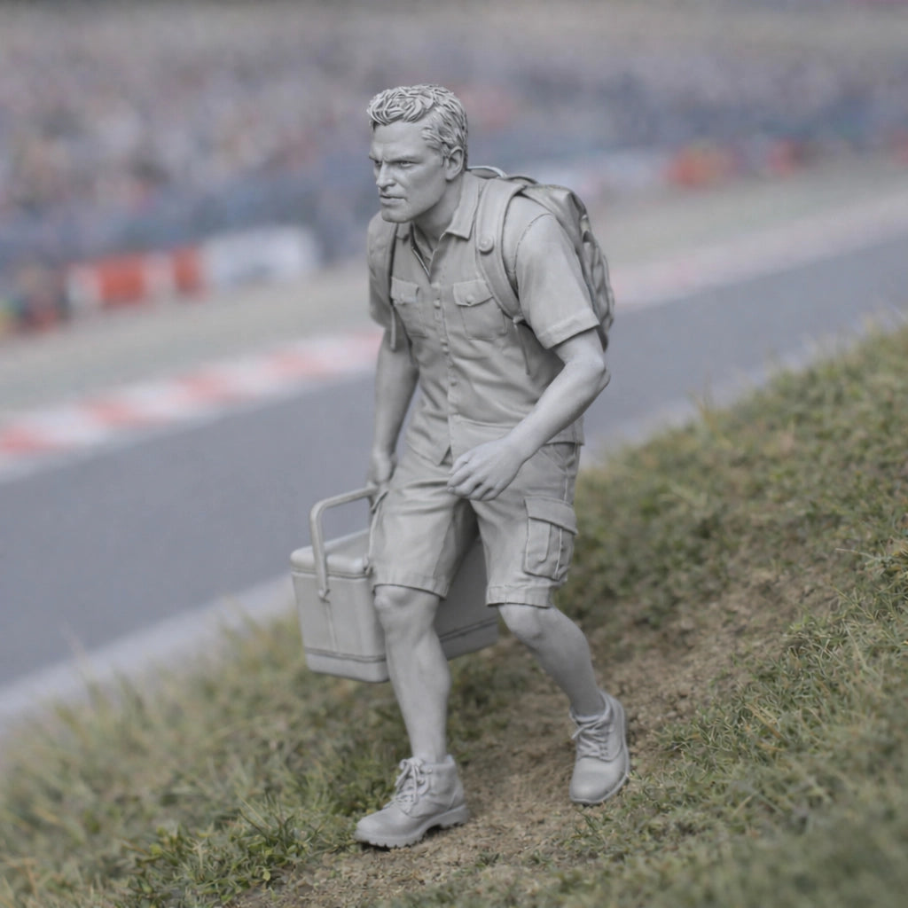Die-Hard Spectator with Cool Box | Grey Resin Slot Car Diorama Figurine