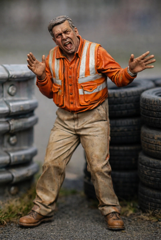 Panicked Race Marshal | Grey Resin Slot Car Diorama Figurine