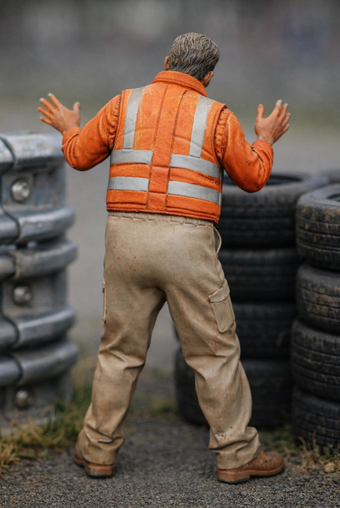 Panicked Race Marshal | Grey Resin Slot Car Diorama Figurine