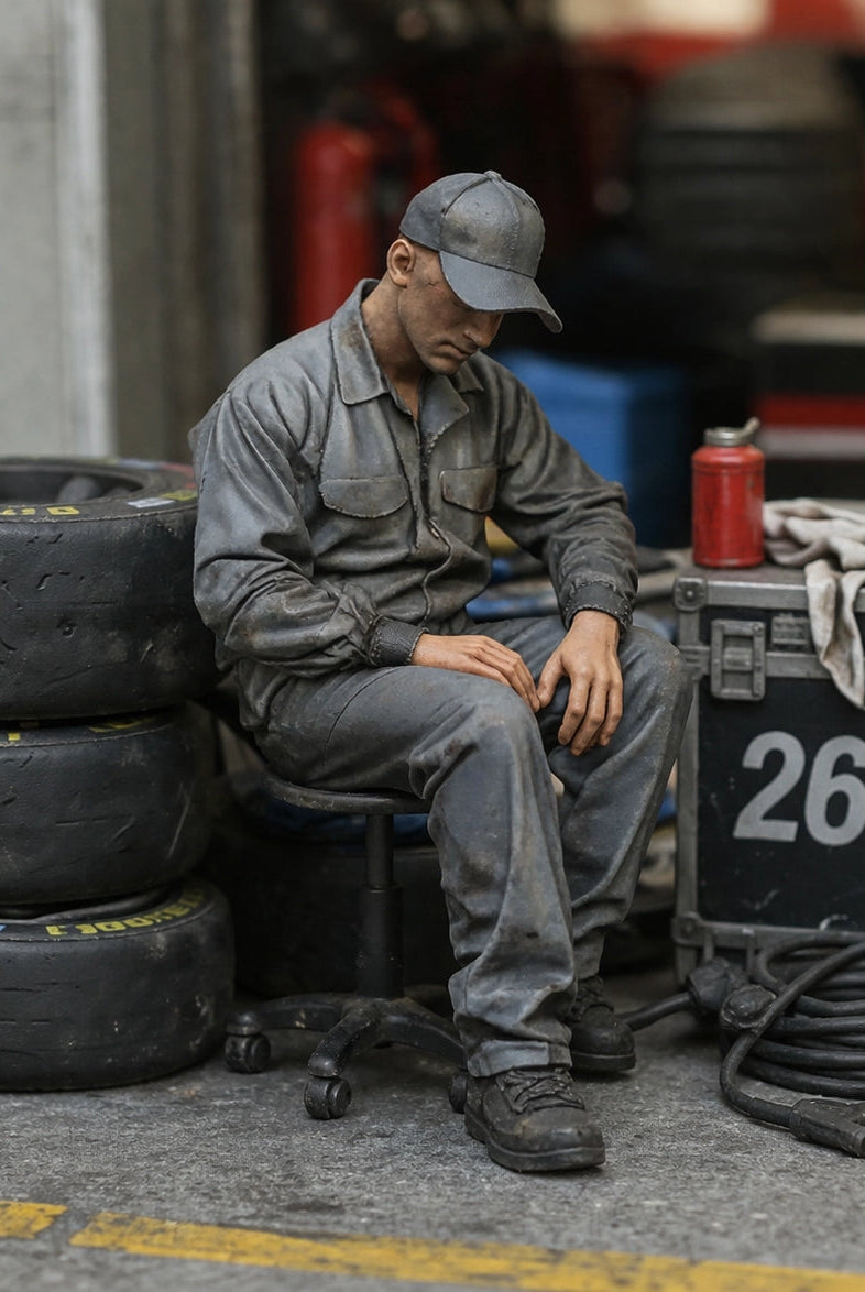 Exhausted Pit Crew Mechanic | Grey Resin Slot Car Diorama Figurine