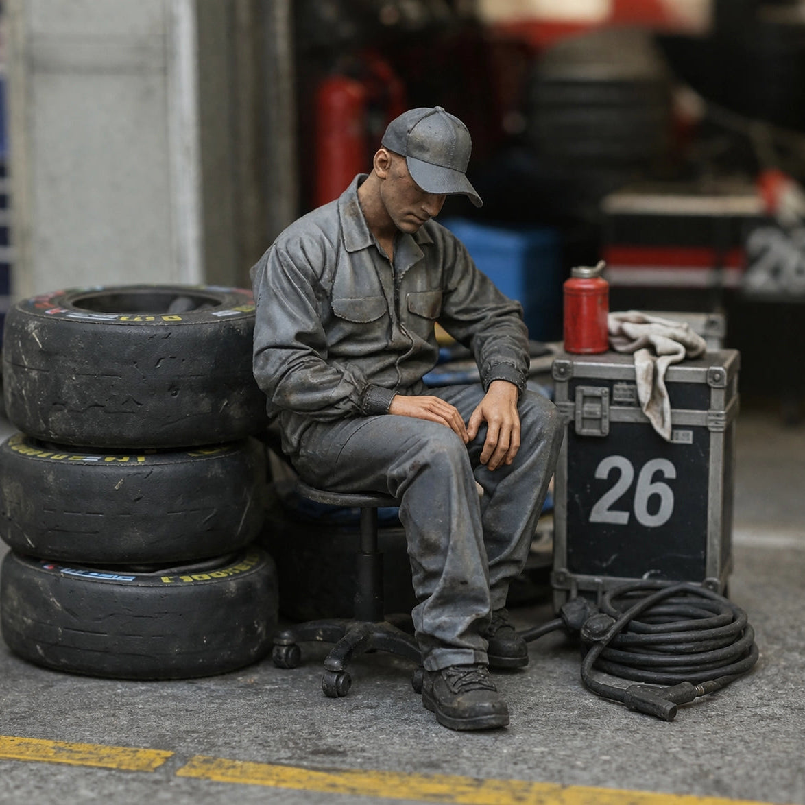 Exhausted Pit Crew Mechanic | Grey Resin Slot Car Diorama Figurine