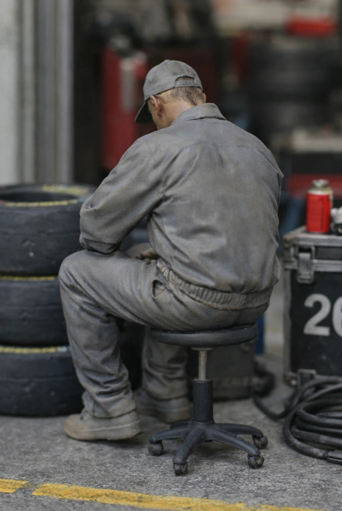 Exhausted Pit Crew Mechanic | Grey Resin Slot Car Diorama Figurine