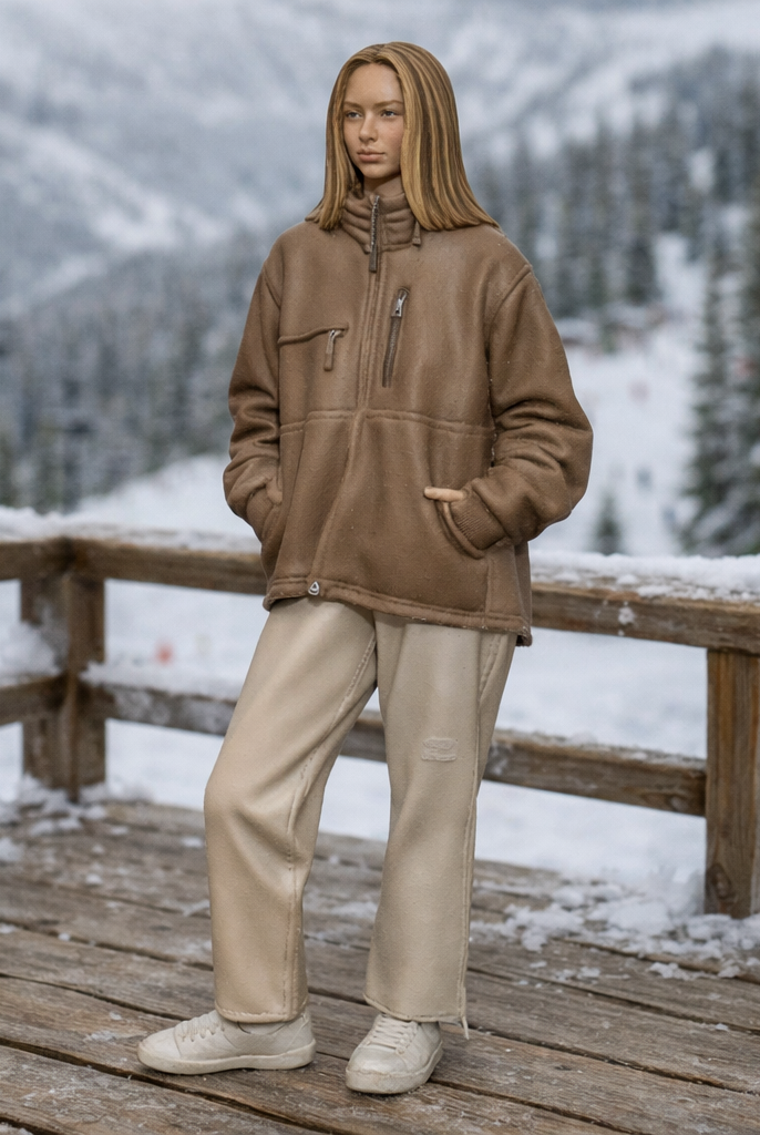 Chic Après-Ski Tourist in Sherpa Fleece & Trousers | Resin Figurine
