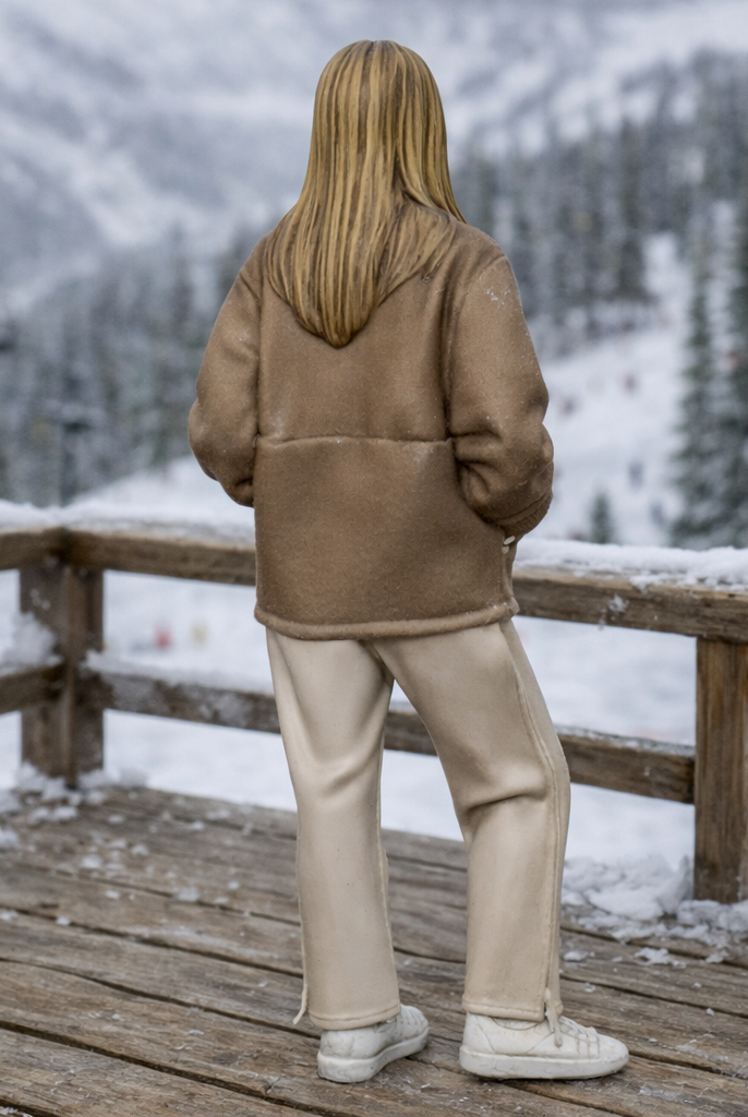 Chic Après-Ski Tourist in Sherpa Fleece & Trousers | Resin Figurine