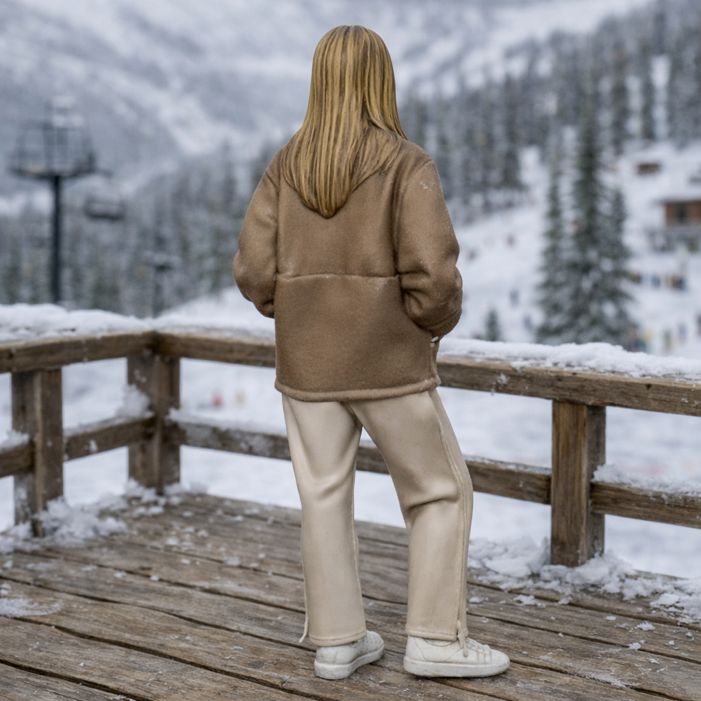 Chic Après-Ski Tourist in Sherpa Fleece & Trousers | Resin Figurine