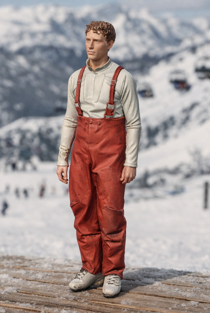 Vintage Alpine Skier in High-Waisted Salopettes | Resin Figurine