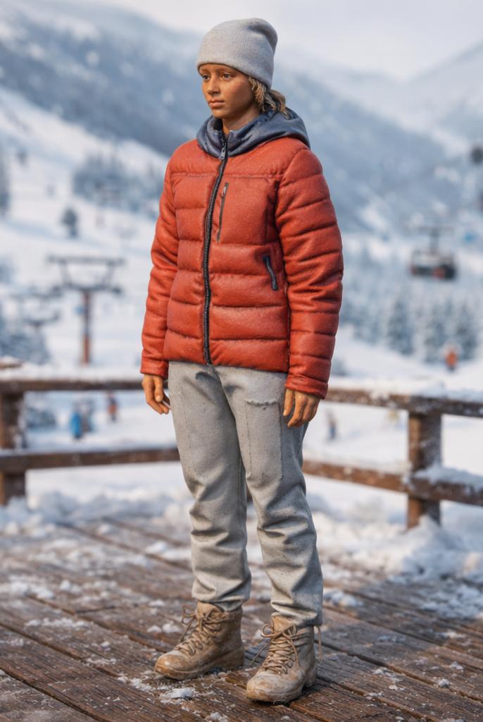 Contemporary Alpine Trekker in Insulated Puffer Jacket | Resin Figurine