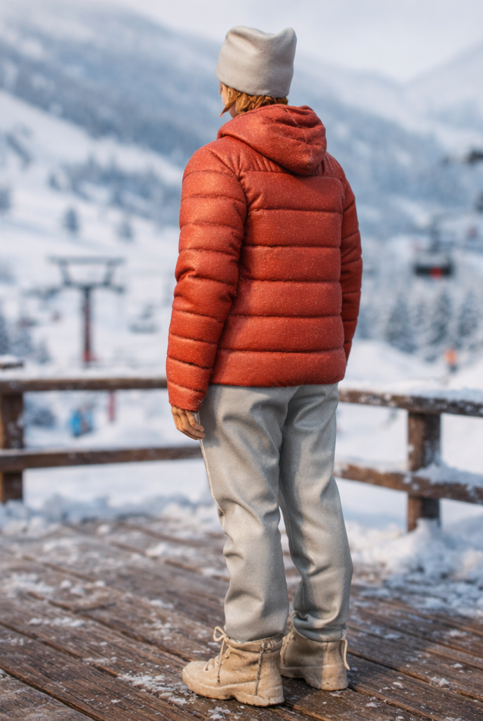 Contemporary Alpine Trekker in Insulated Puffer Jacket | Resin Figurine