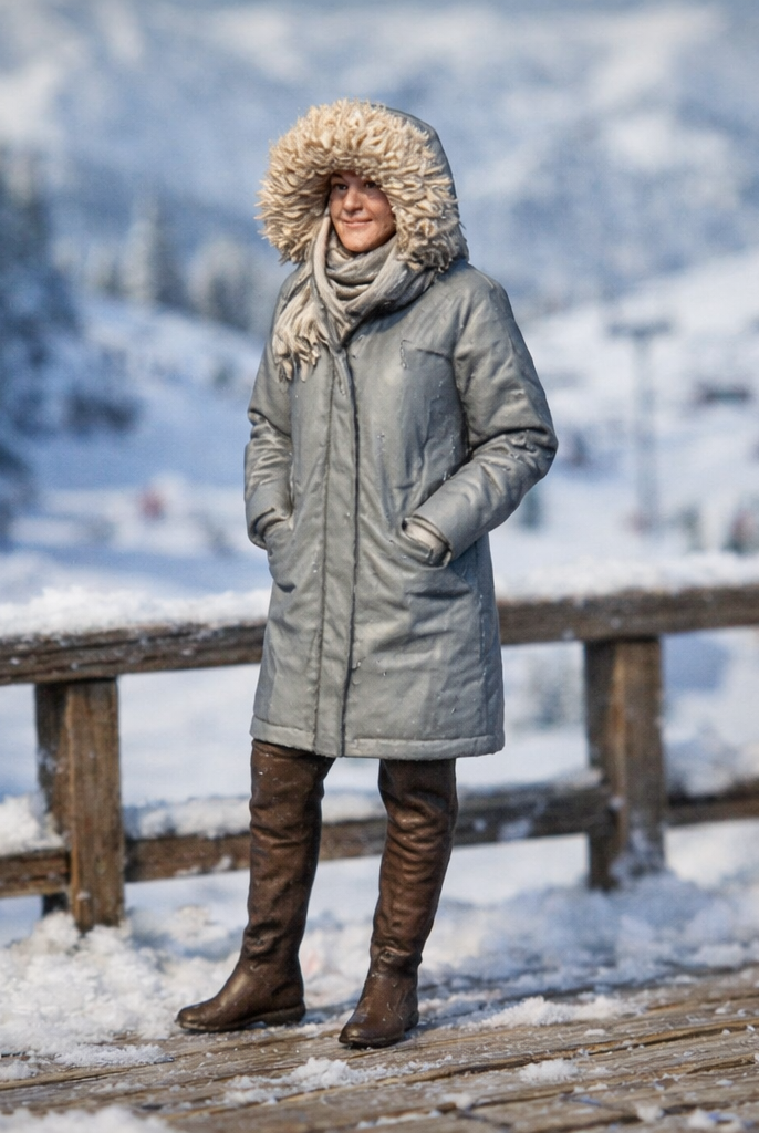 Winter Tourist in Faux-Fur Trimmed Parka | Resin Figurine