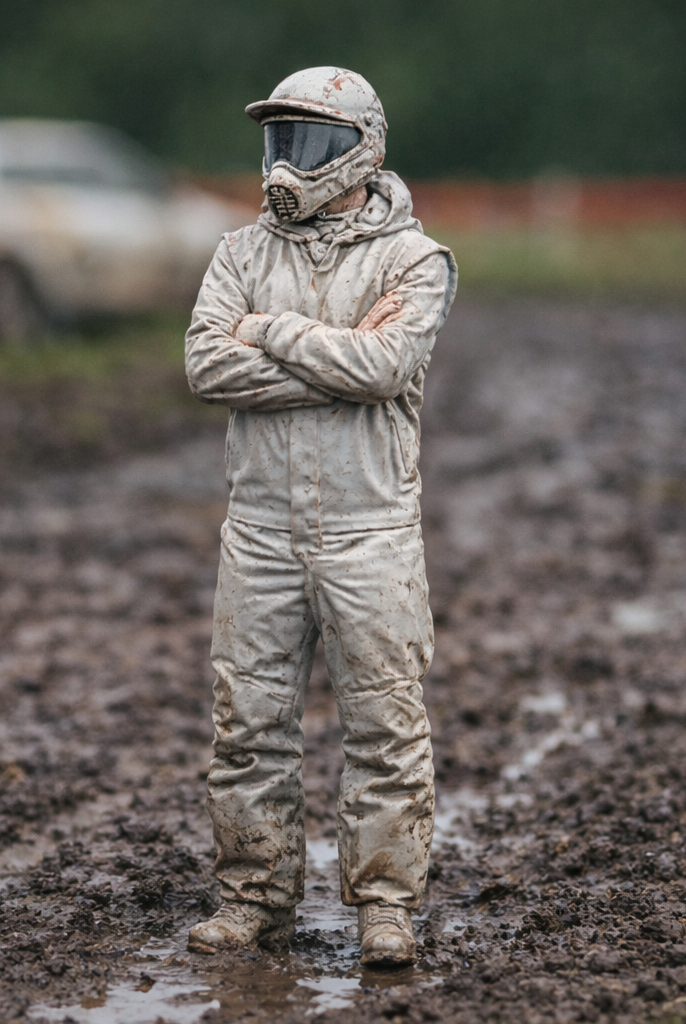 Off-Road Rally Racer in Mud-Splattered Race Suit | Scale Resin Slot Car Diorama Figurine