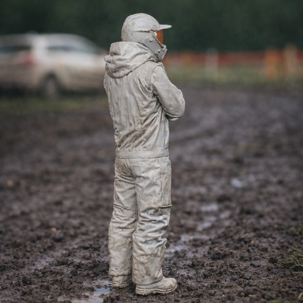 Off-Road Rally Racer in Mud-Splattered Race Suit | Scale Resin Slot Car Diorama Figurine