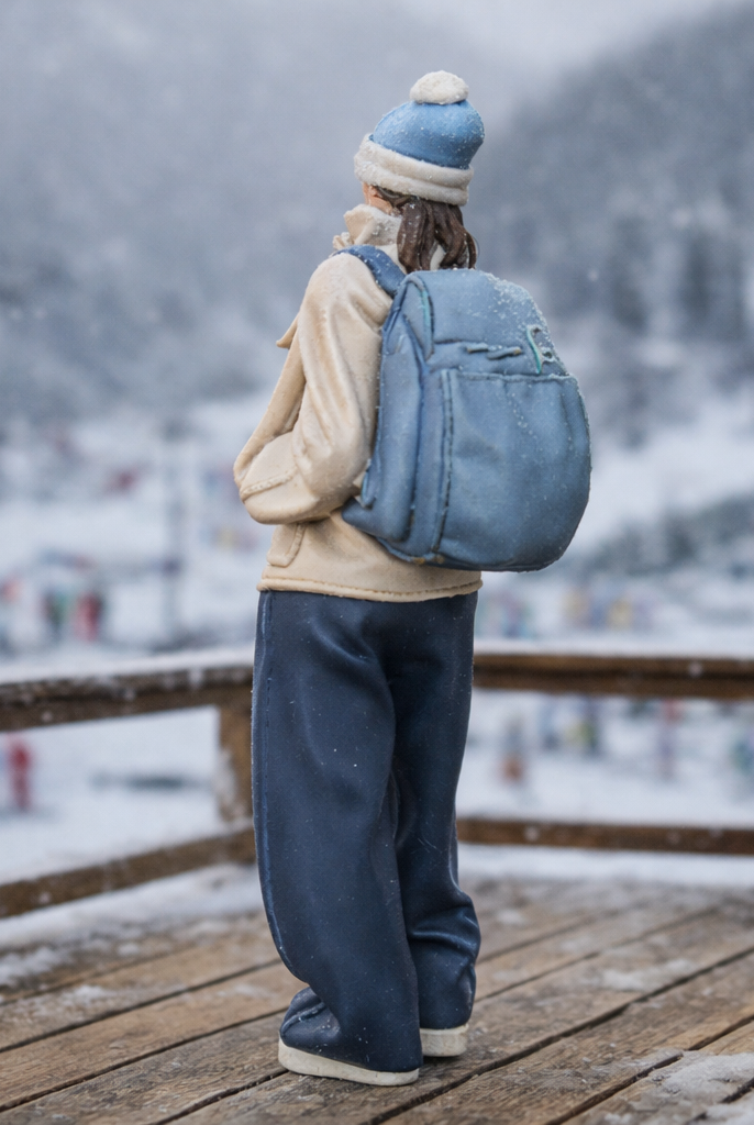 Cosy Alpine Explorer in Oversized Fleece & Wide-Leg Trousers | Resin Figurine