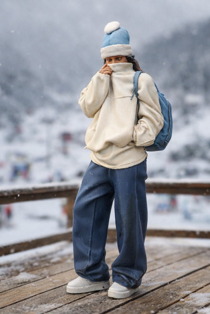 Cosy Alpine Explorer in Oversized Fleece & Wide-Leg Trousers | Resin Figurine