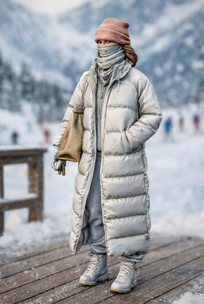High-Altitude Minimalist in Maxi Puffer & Face Wrap | Resin Figurine