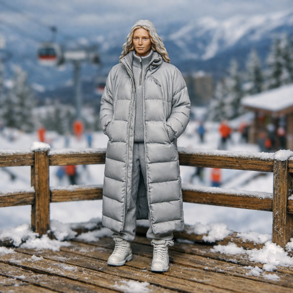 Editorial Winter Traveller in Maxi Puffer Coat | Resin Figurine