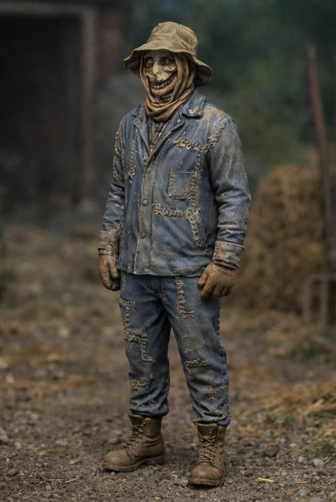 Terrifying Rural Scarecrow in Distressed Denim | Scale Resin Farm Diorama Figurine