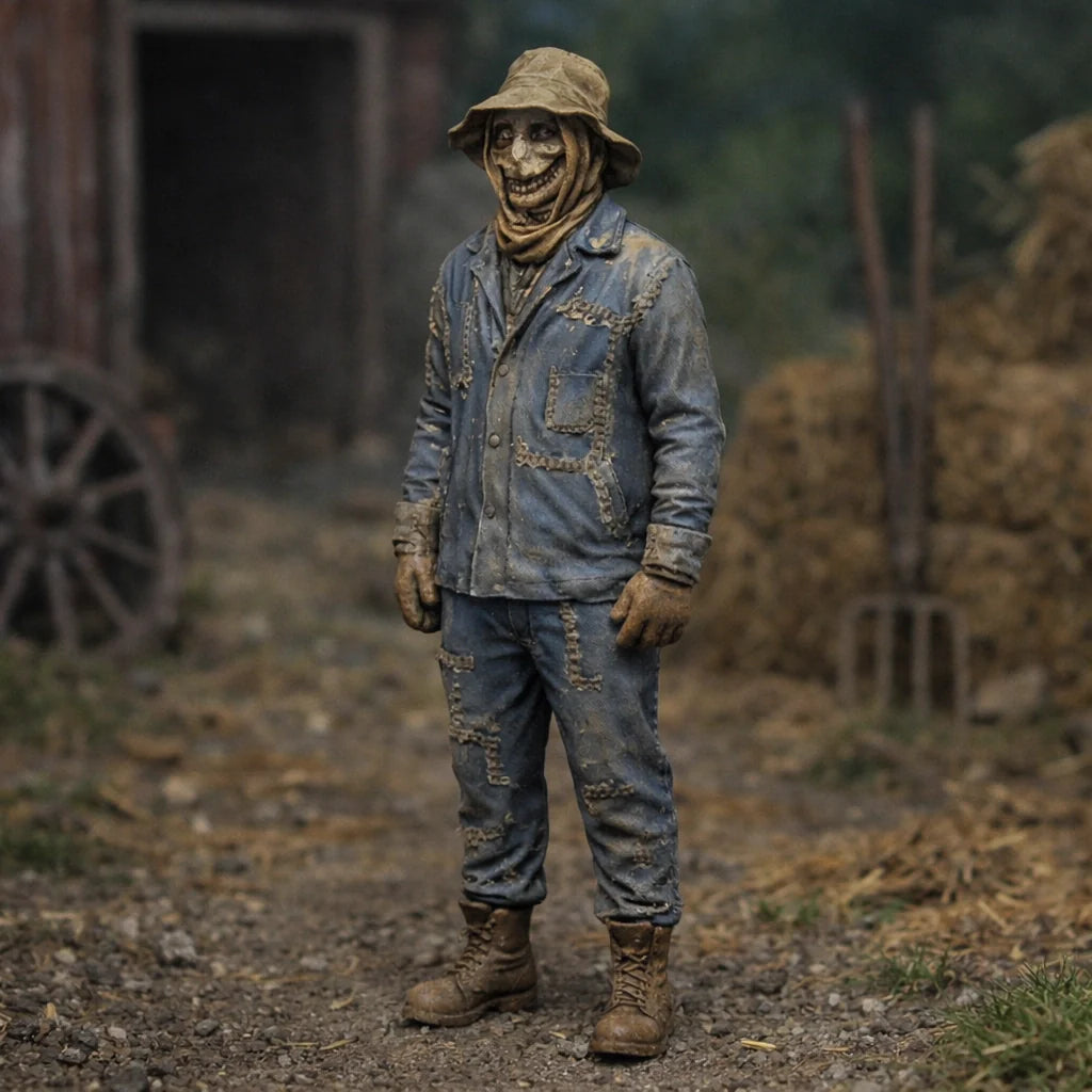 Terrifying Rural Scarecrow in Distressed Denim | Scale Resin Farm Diorama Figurine