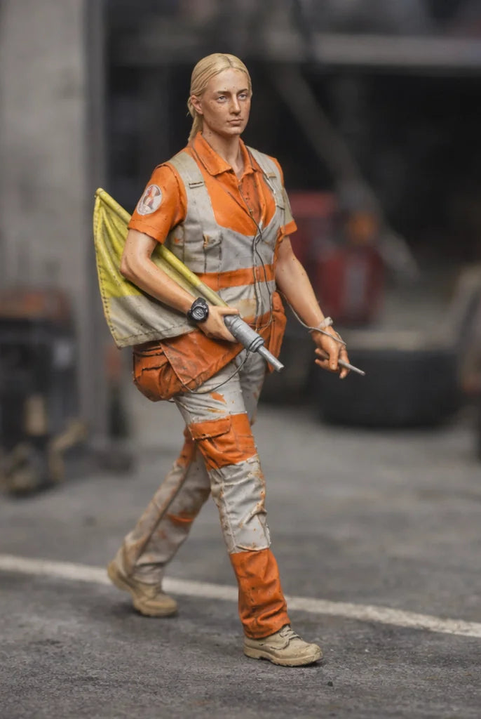 Professional Trackside Marshal in High-Visibility Safety Gear | Scale Resin Slot Car Diorama Figurine