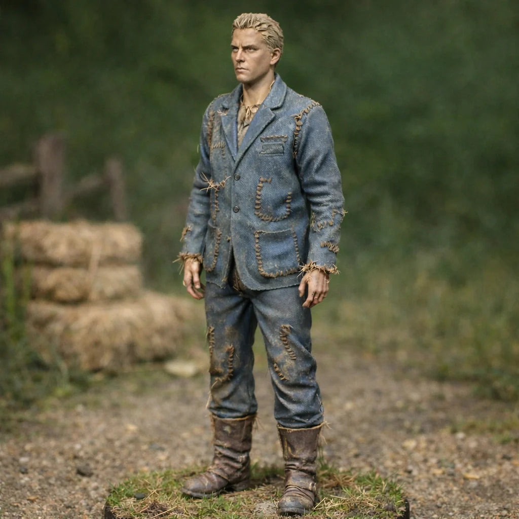 Professional Farmhand in Patched Utility Denim | Scale Resin Farm Diorama Figurine