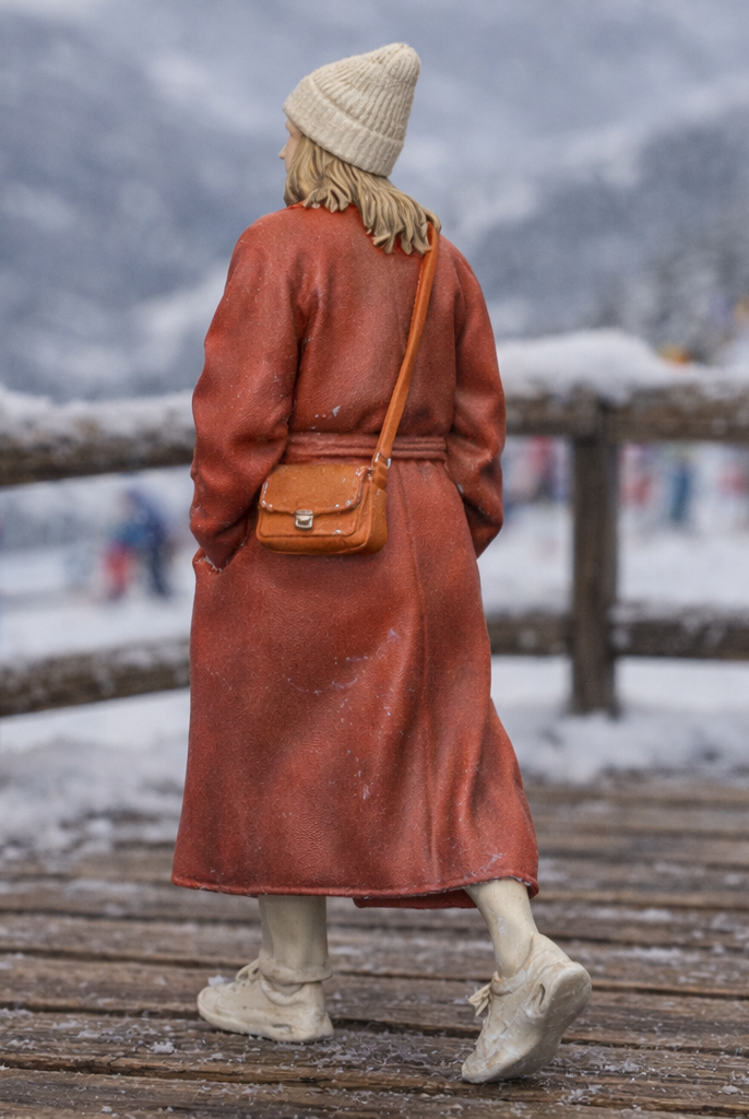 High-Fashion Tourist in Belted Maxi Coat | Resin Figurine