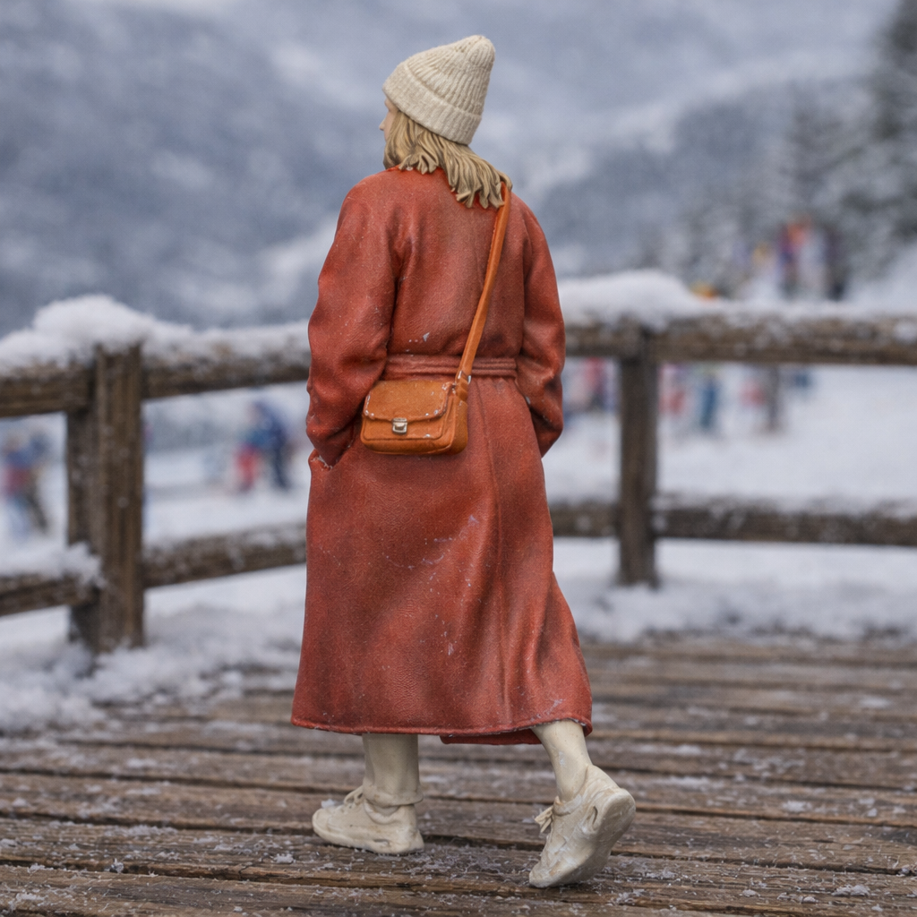 High-Fashion Tourist in Belted Maxi Coat | Resin Figurine