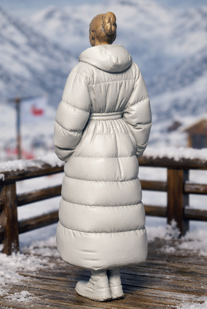 High-Fashion Tourist in Belted Maxi Puffer Coat | Resin Figurine
