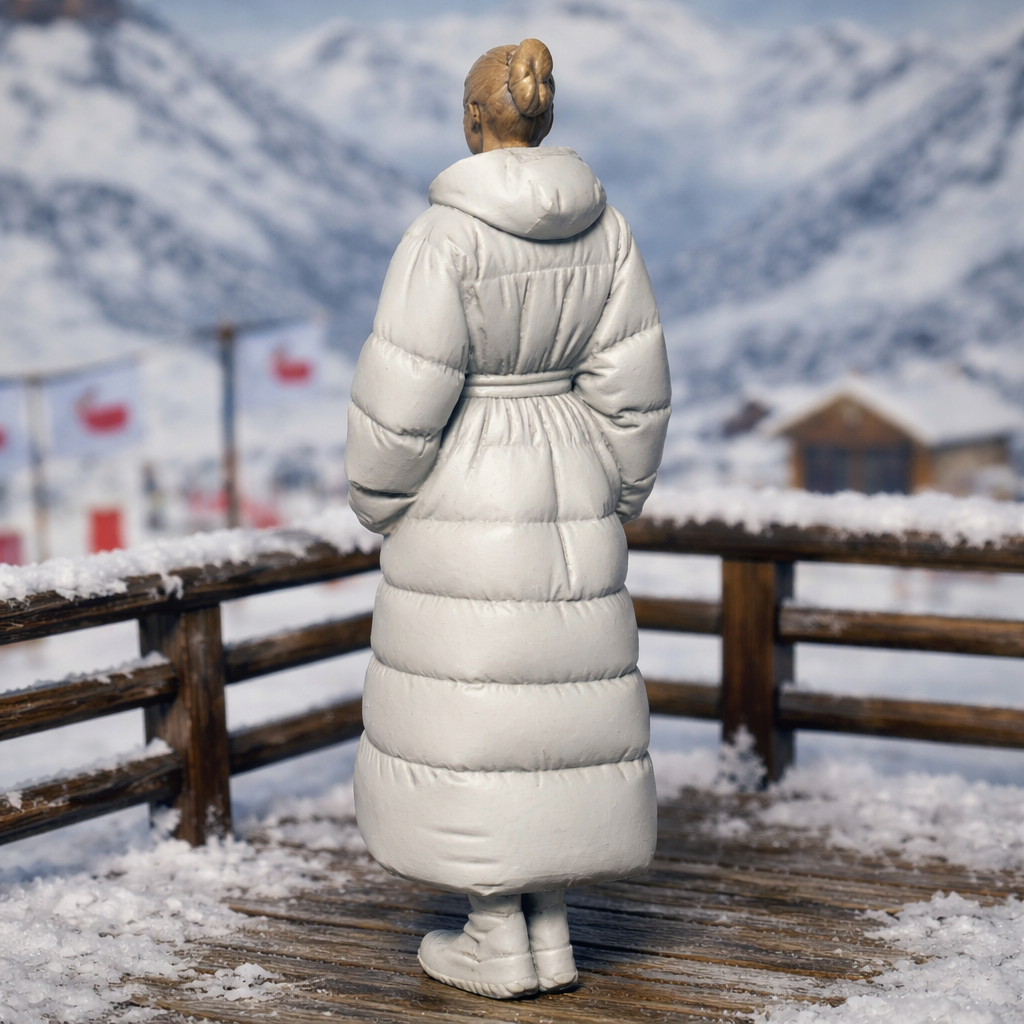 High-Fashion Tourist in Belted Maxi Puffer Coat | Resin Figurine
