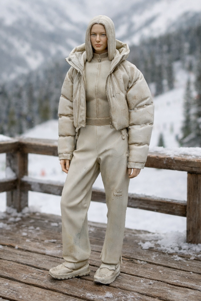 Hooded Winter Tourist in Puffer & Tracksuit | Resin Figurine