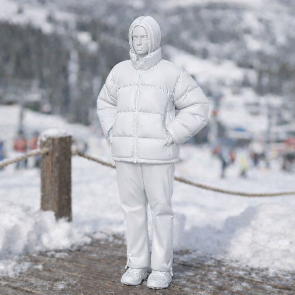 Minimalist Winter Chic in Puffer Jacket & Trousers | Resin Figurine