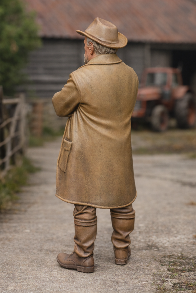 Heritage Farmhand in Waxed Duster & Akubra Hat | Scale Resin Farm Diorama Figurine