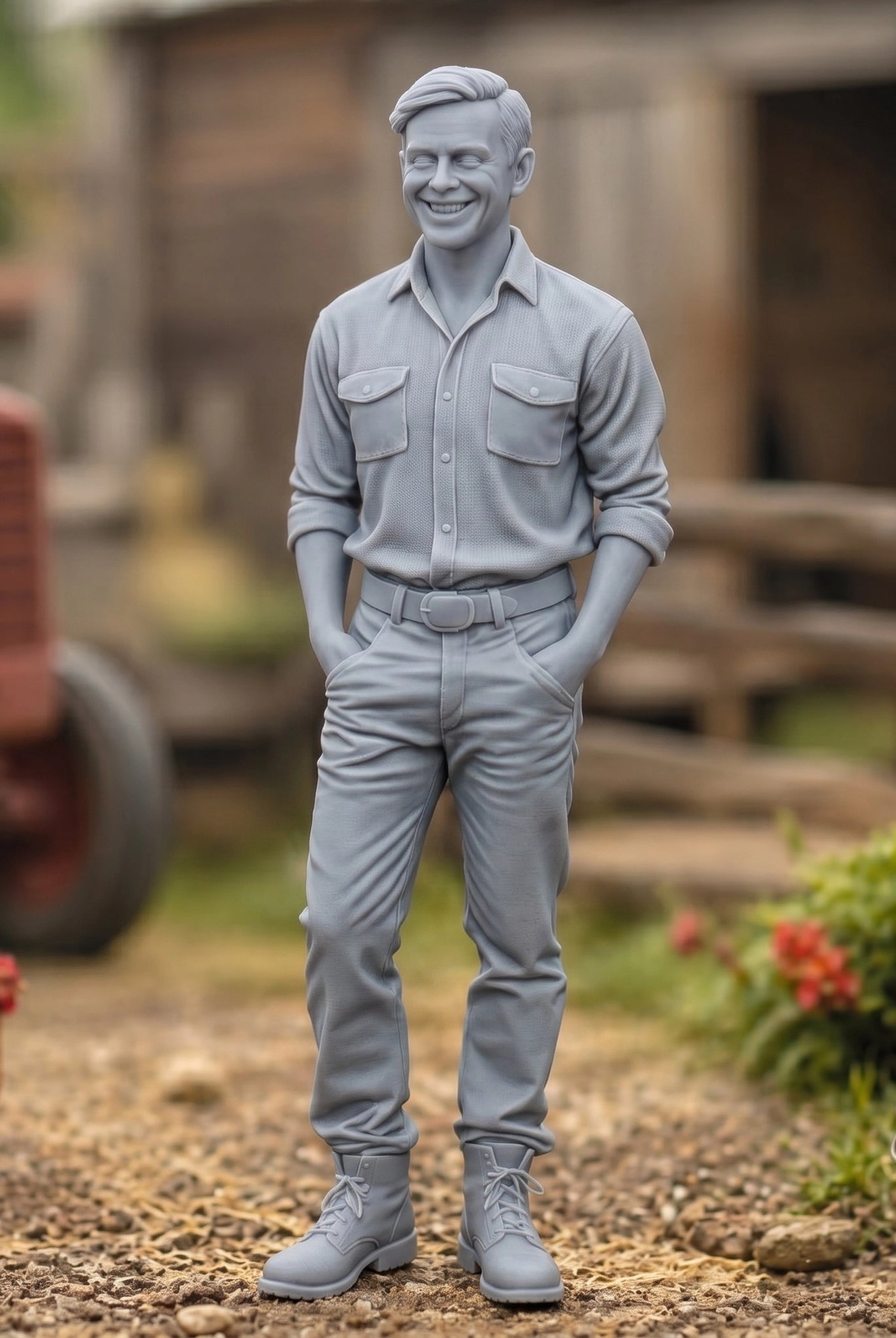 The Jovial Farmhand | Grey Resin Farm Diorama Figurine