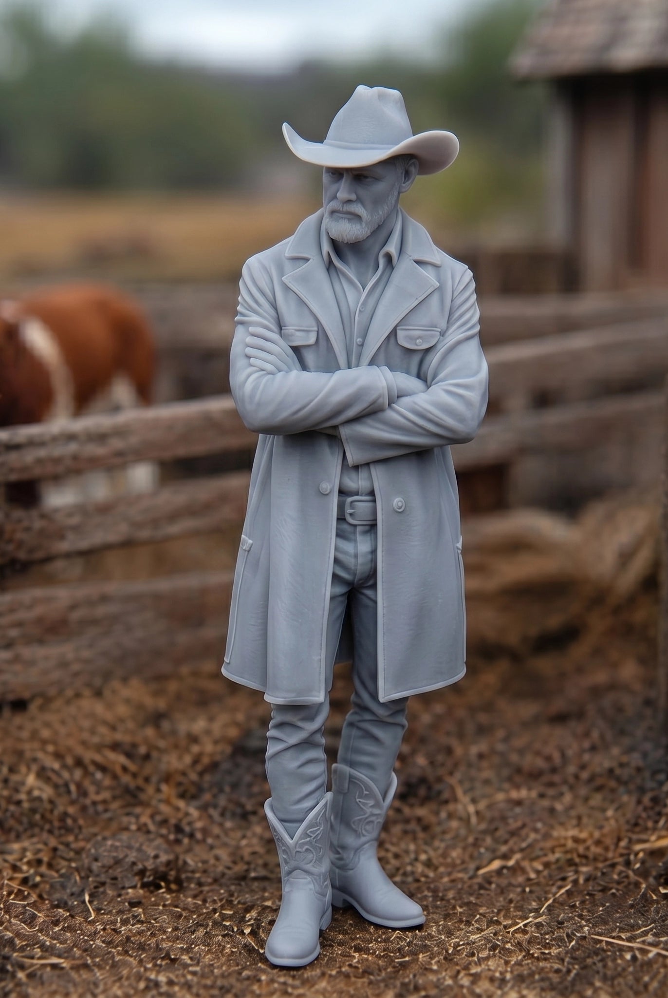 The Cattle Rancher | Grey Resin Farm Diorama Figurine
