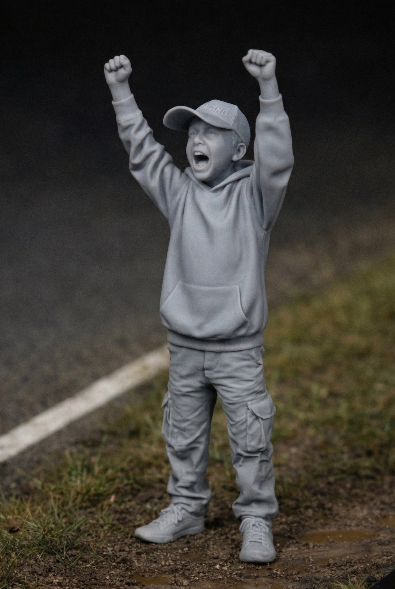 Excitable Young Racing Fan | Grey Resin Diorama Figurine