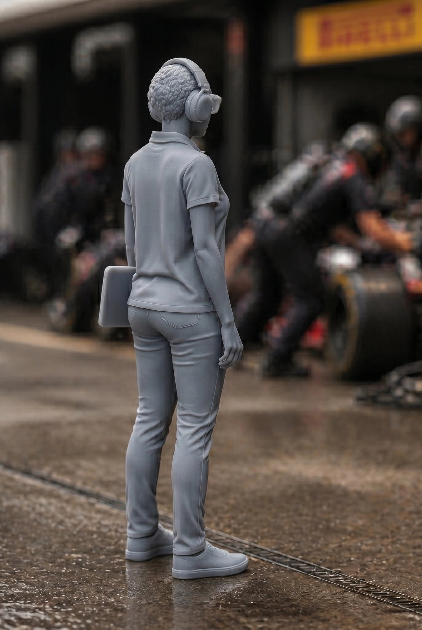 The Race Telemetry Engineer | Grey Resin Slot Car Diorama Figurine