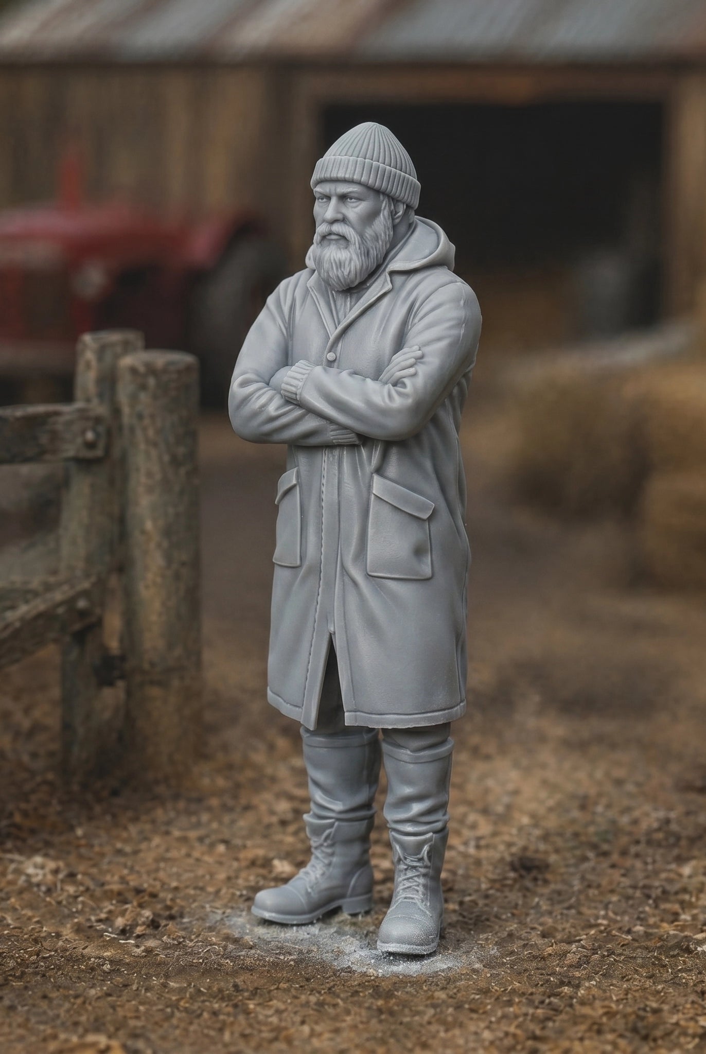 Winter Farmhand | Grey Resin Farm Diorama Figurine