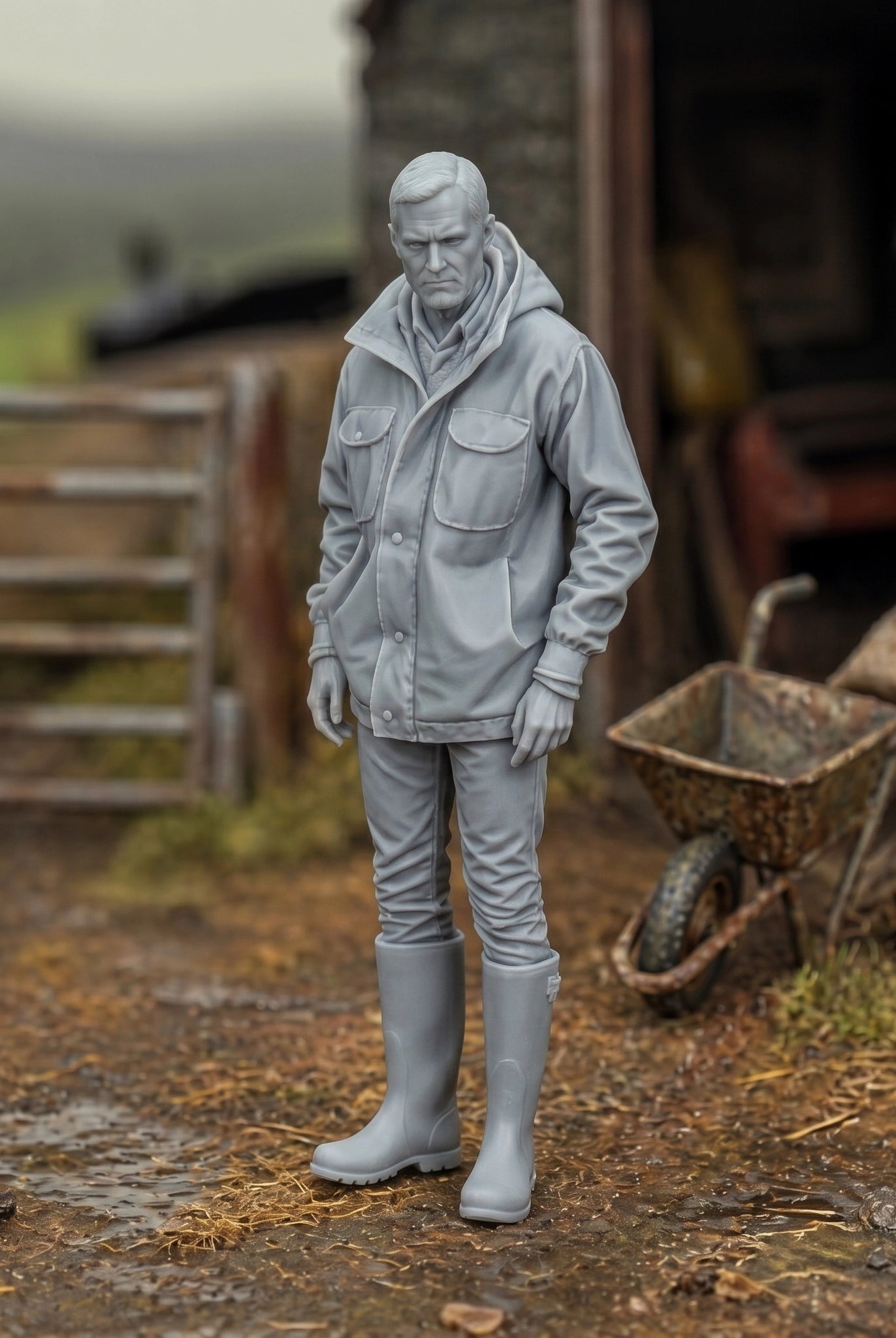 The Hill Farmer | Grey Resin Farm Diorama Figurine