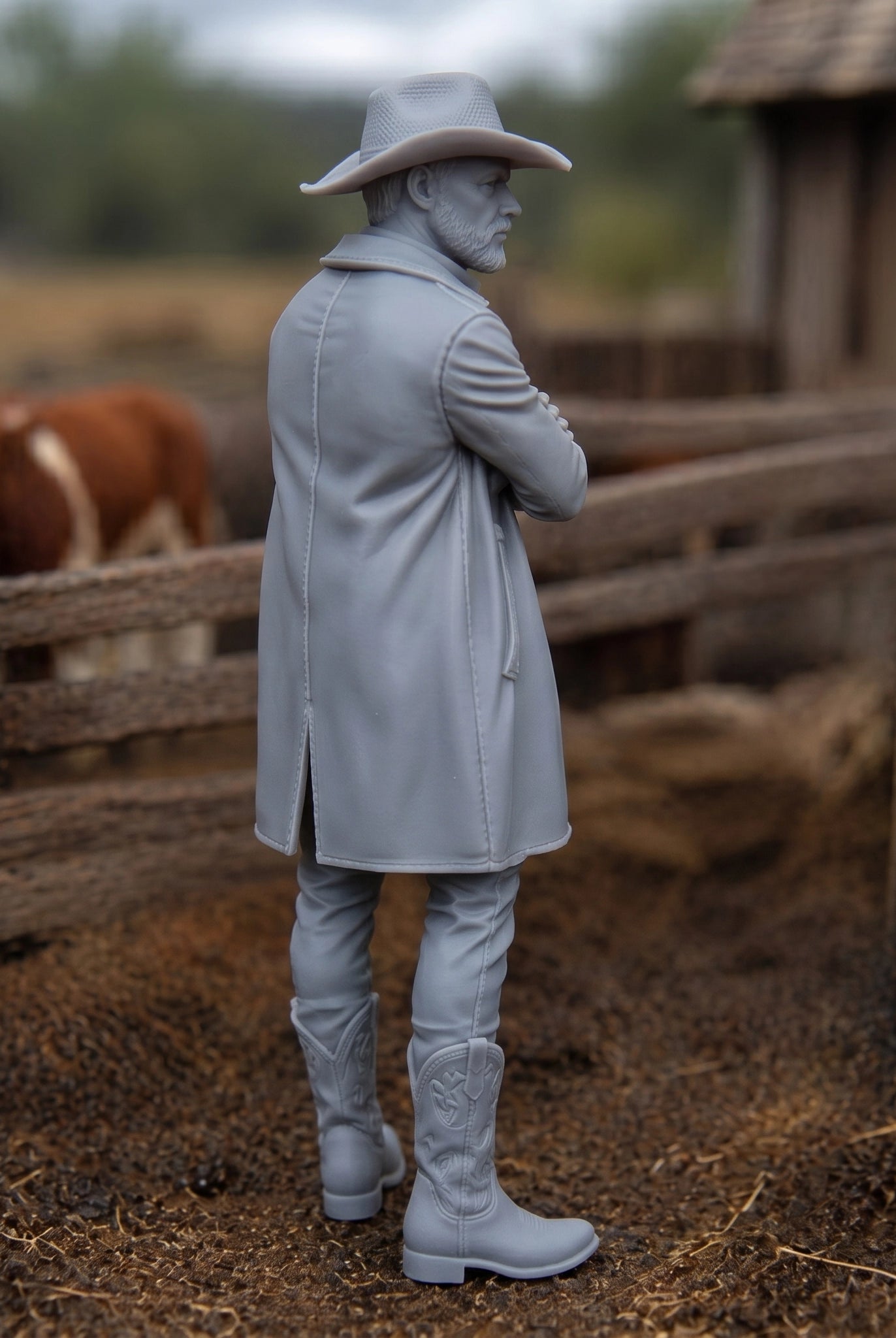 The Cattle Rancher | Grey Resin Farm Diorama Figurine