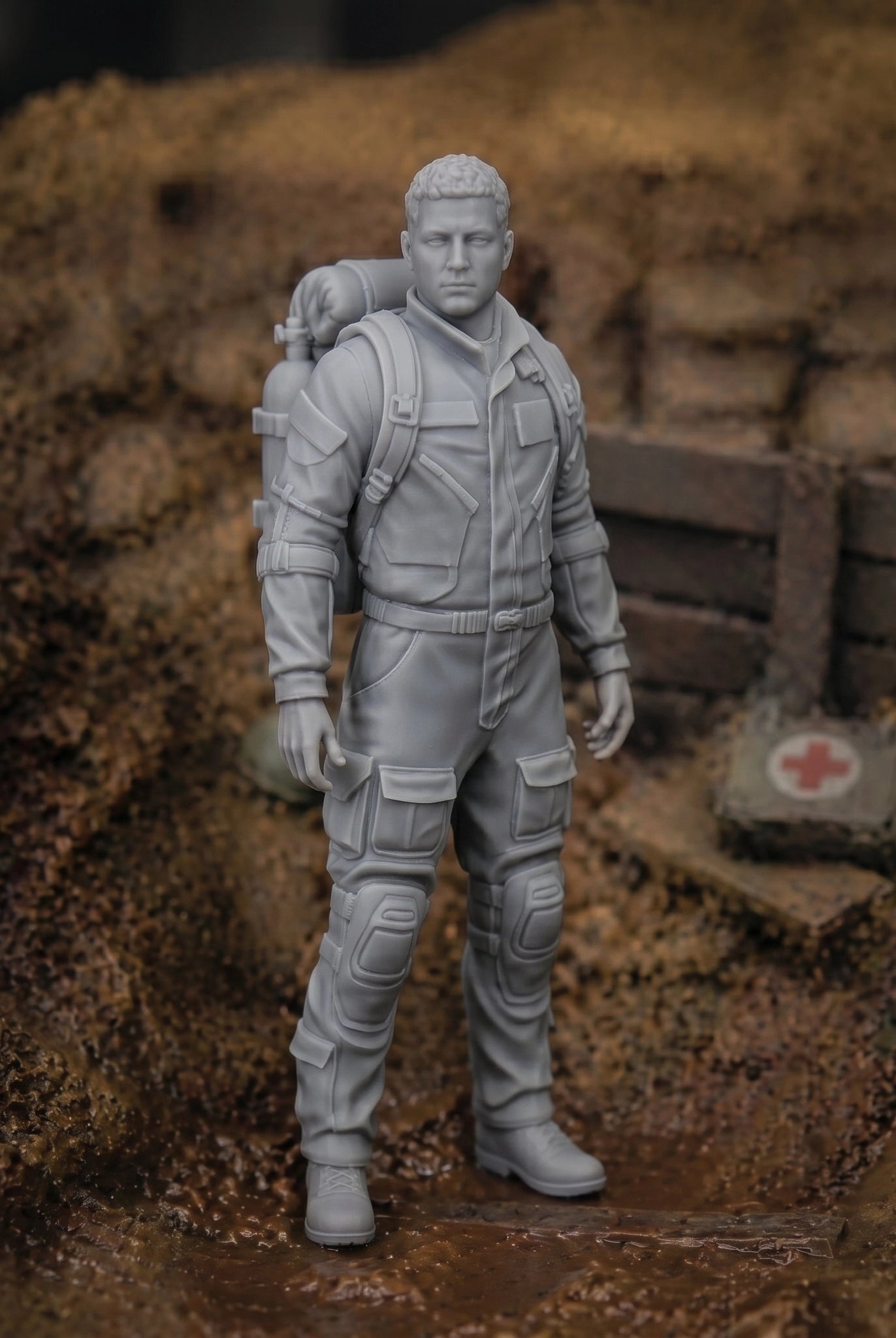 The Frontline Medic | Grey Resin War Diorama Figurine