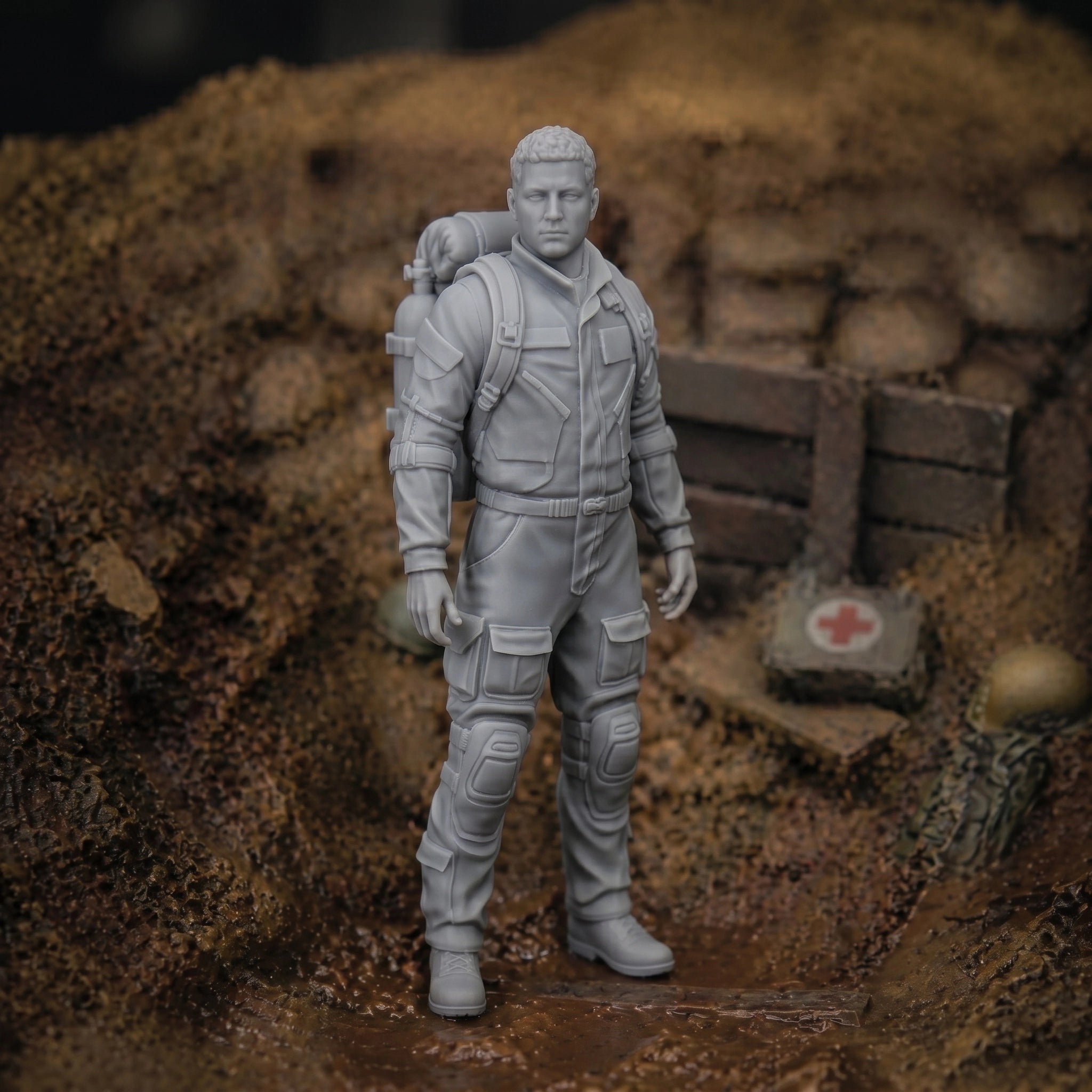 The Frontline Medic | Grey Resin War Diorama Figurine