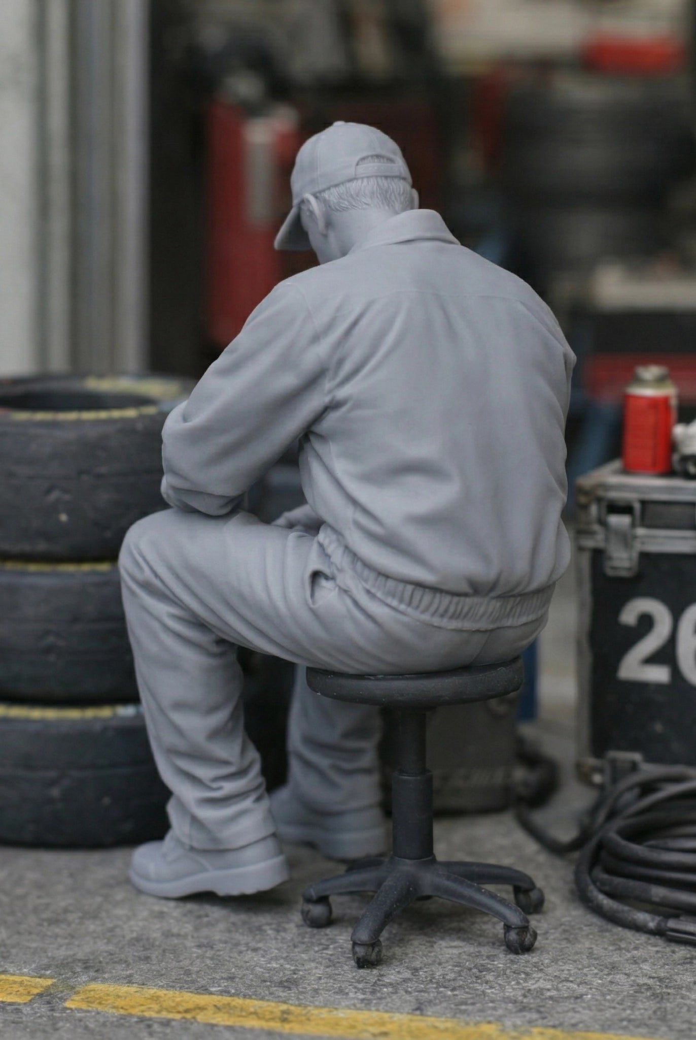 Exhausted Pit Crew Mechanic | Grey Resin Slot Car Diorama Figurine
