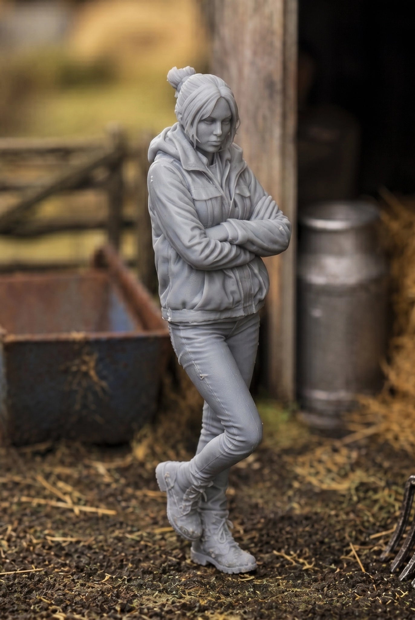 The Modern Farmhand | Grey Resin Farm Diorama Figurine