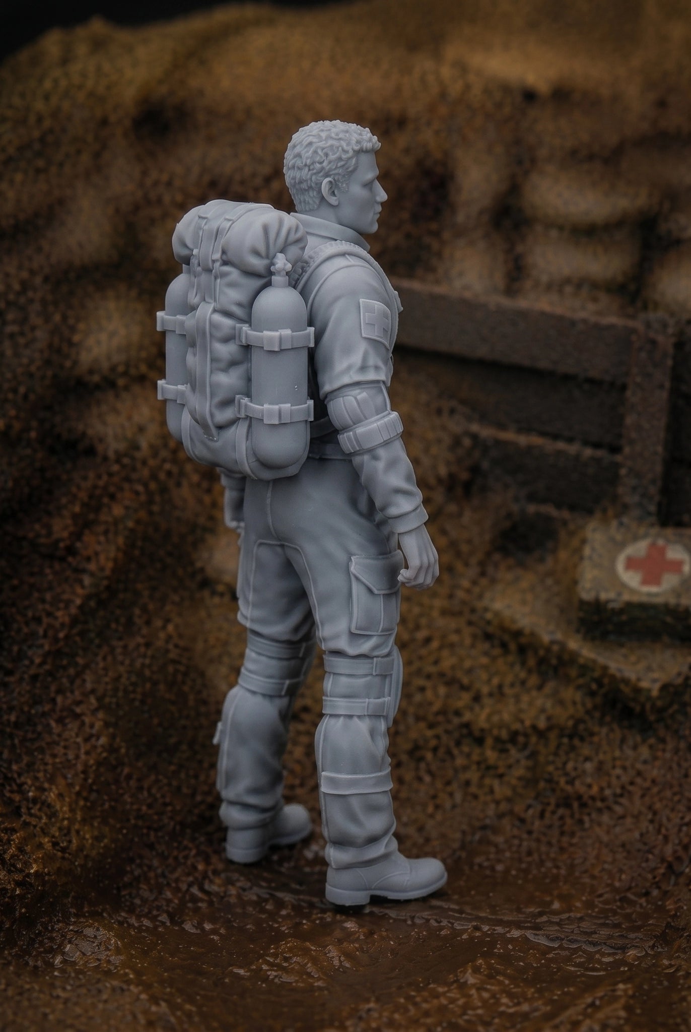 The Frontline Medic | Grey Resin War Diorama Figurine