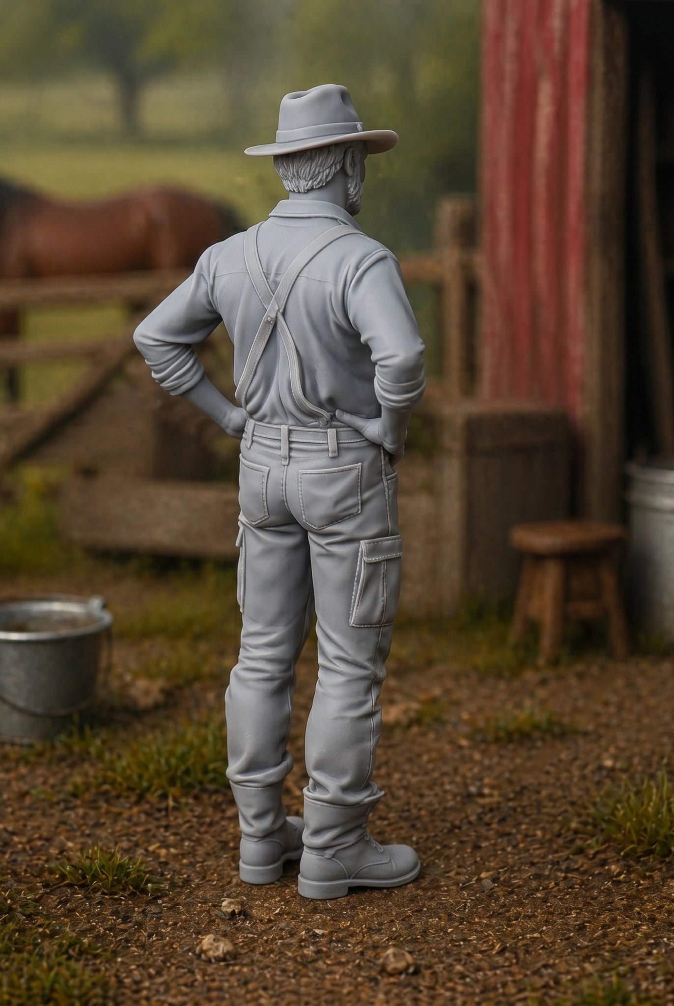 The Seasoned Stockman | Grey Resin Farm Diorama Figurine