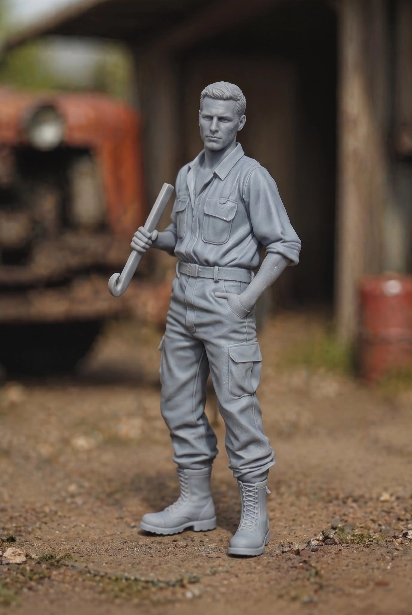 The Diesel Mechanic | Grey Resin Farm Diorama Figurine