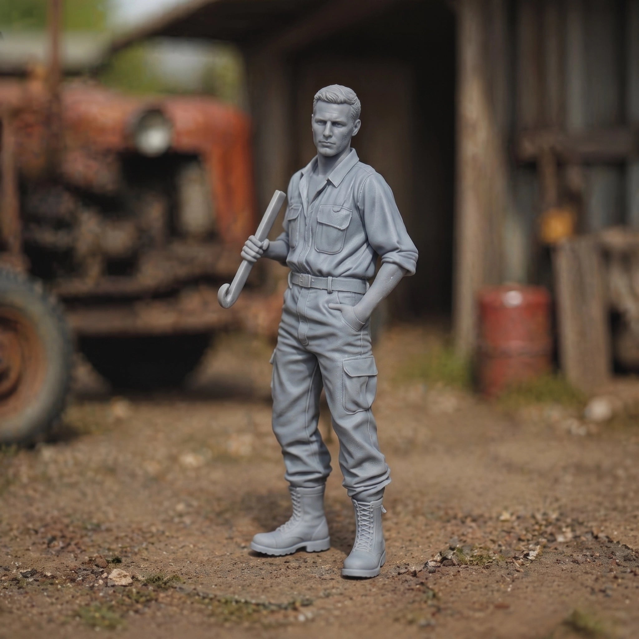 The Diesel Mechanic | Grey Resin Farm Diorama Figurine