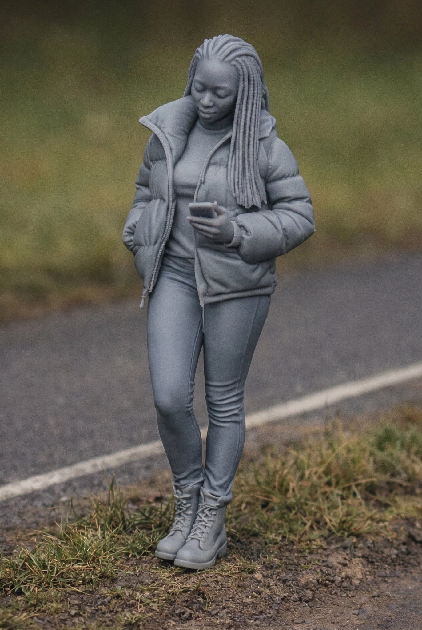 Roadside Spectator with Smartphone | Grey Resin Diorama Figurine